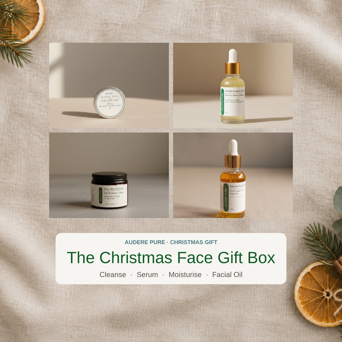 The Christmas Face Gift Box: The Silk Bar, Calm & Quench Serum, Silk & Glow K Cream and Bakuchiol Facial Oil by Audere Pure