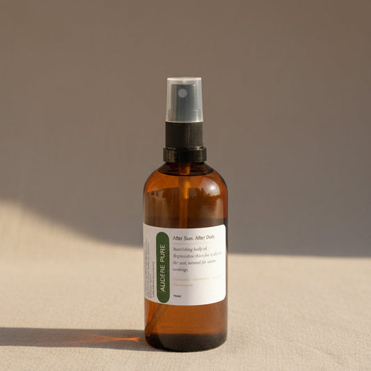 After Sun, After Dark after-sun body oil by Audere Pure – amber glass bottle