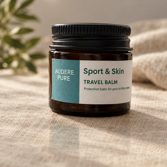 A small jar of Audere Pure Sport & Skin Travel Balm sits on a white windowsill with natural light coming from the side.