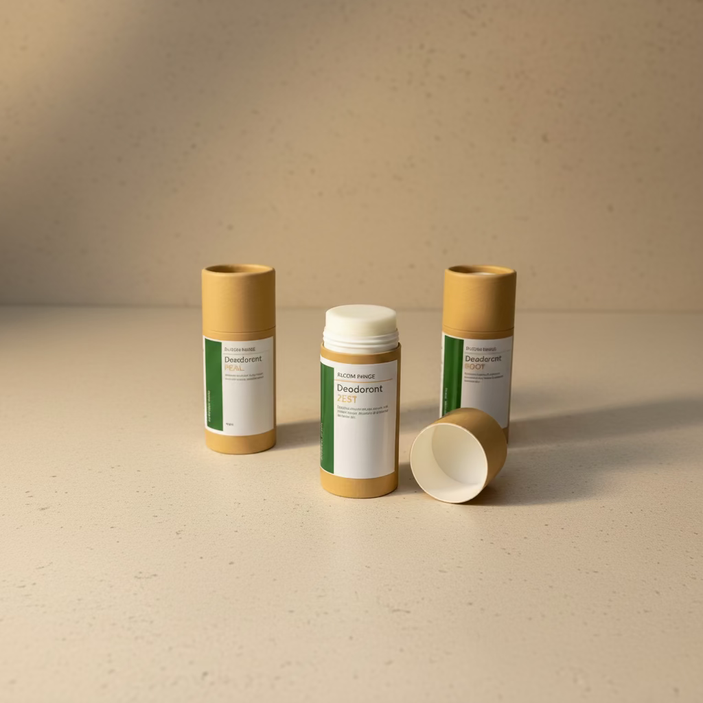 Three deodorant stick packages on a light beige surface against a matching beige wall. The center package is open, showing the white deodorant stick, while the two outer packages stand upright.