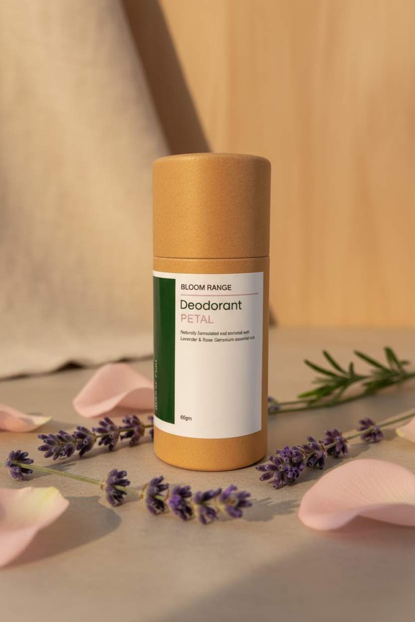 A cylindrical deodorant stick container labeled 'BLOOM RANGE Deodorant PETAL' stands on a tabletop with lavender sprigs and pale pink petals around it. The container has a warm tan/golden top and bottom with a white and green label.