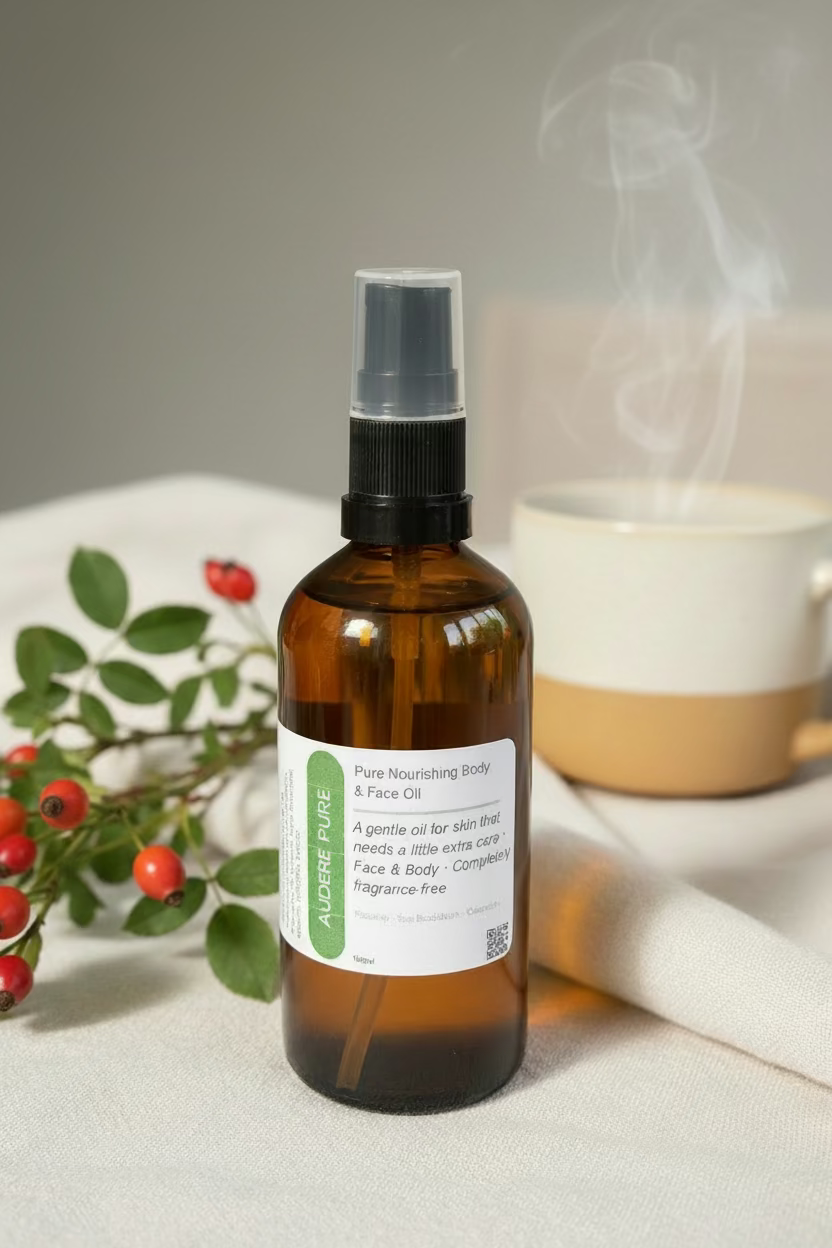 Pure Nourishing Body & Face Oil by Audere Pure – amber glass spray bottle