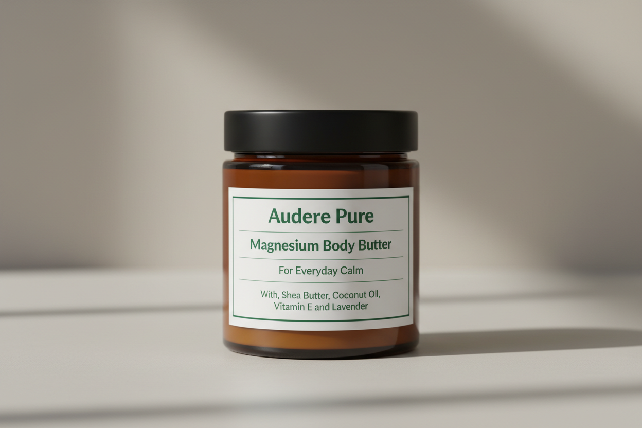 Create an amber glass jar with a black plastic lid 
On the amber jar add a white label with the text using Poppins font and the colour #105e26 
Add this text
Audere Pure
Magnesium Body Butter
For Everyday Calm
With, Shea Butter, Coconut Oil, Vitamin E and Lavender.  
And use a grid to break up the text into sections 
