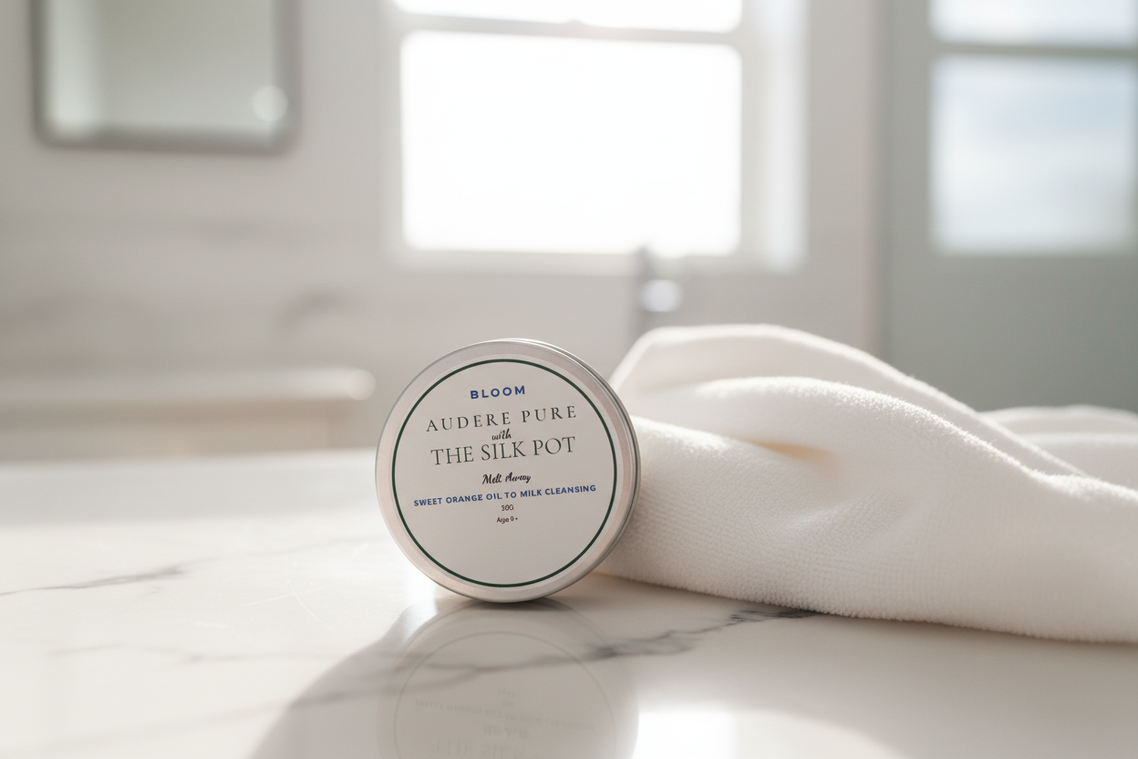 The Silk Pot tin close-up with white facecloth