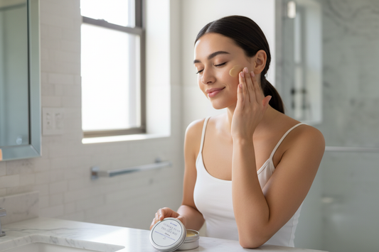 Young woman standing and applying The Silk Pot balm