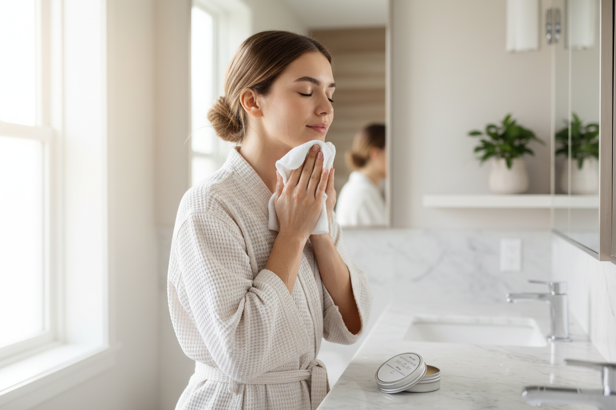 Young woman standing and washing face with facecloth